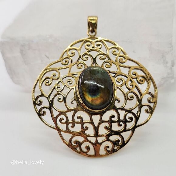 High Fire Labradorite Gold Toned Ethnic Handmade Filigree Pendant Jewelry 2.27" - Picture 4 of 5